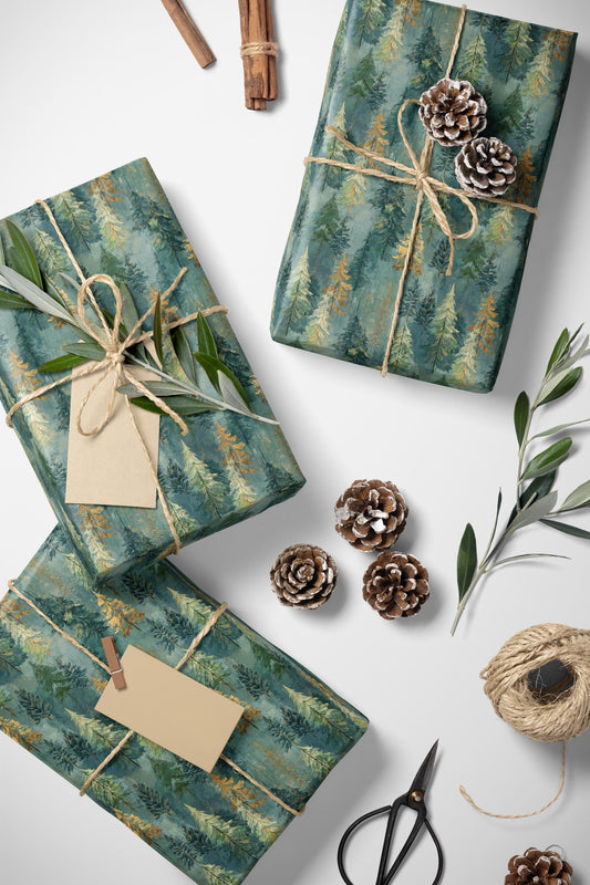 Christmas Gift Wrap Roll with Pine Trees and Pinecones, Rustic Winter Forest Wrapping Paper #16