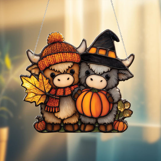 Cute Highland Cow Window Hanging with Pumpkin and Autumn Leaves, Fall Farm Animal Decor for Halloween and Thanksgiving Home Accent