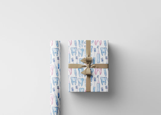 Dental Clinic Wrapping Paper, Tooth Design Gift Wrap, Orthodontist Print Fun Gift Wrap for Dental Office Dentist and Hygienists