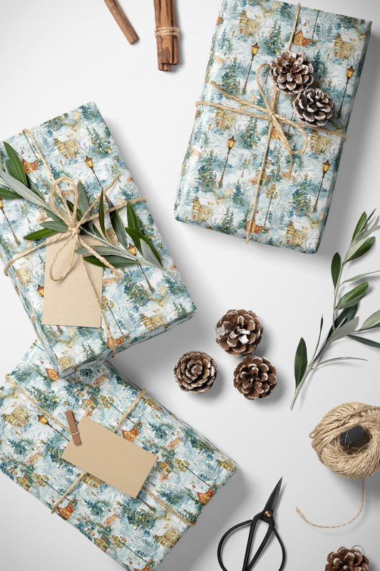 Christmas Wrapping Paper Roll with Village Design, Snowy House Gift Wrap for Holiday Presents #7