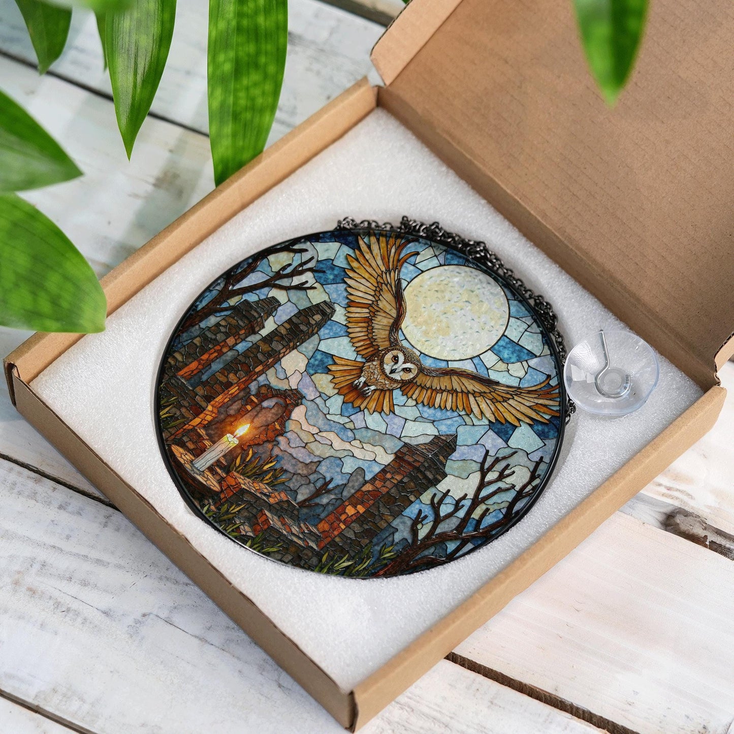 Full moon owl ruins stained glass suncatcher gothic window decor Halloween gift