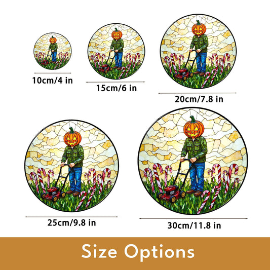 suncatcher stained glass pumpkin head man mowing candy cane field Halloween gift Christmas gift