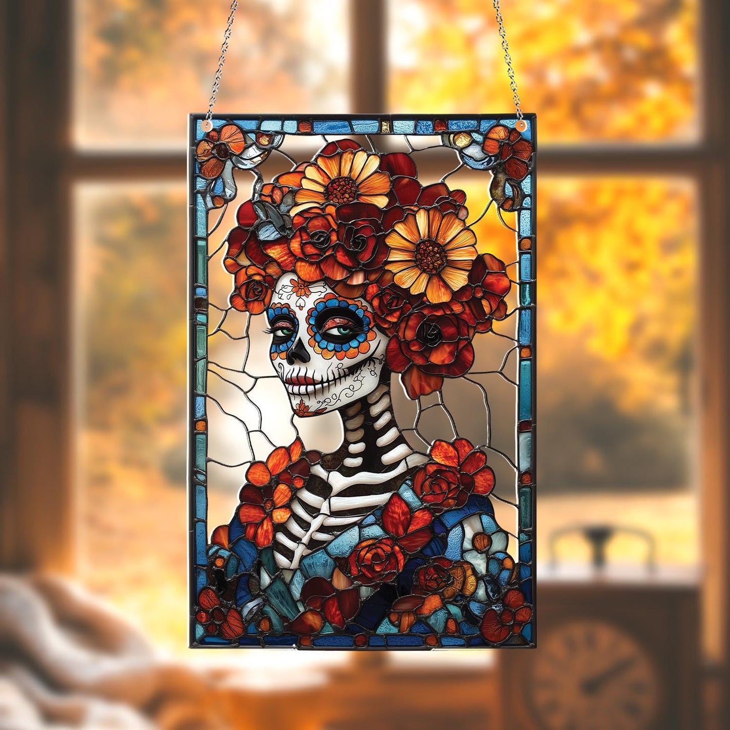 Dia De Los Muertos Sugar Skull Acrylic Suncatcher – Faux Stained Glass Window Hanging With Marigold Flowers And Colorful Mexican Decor