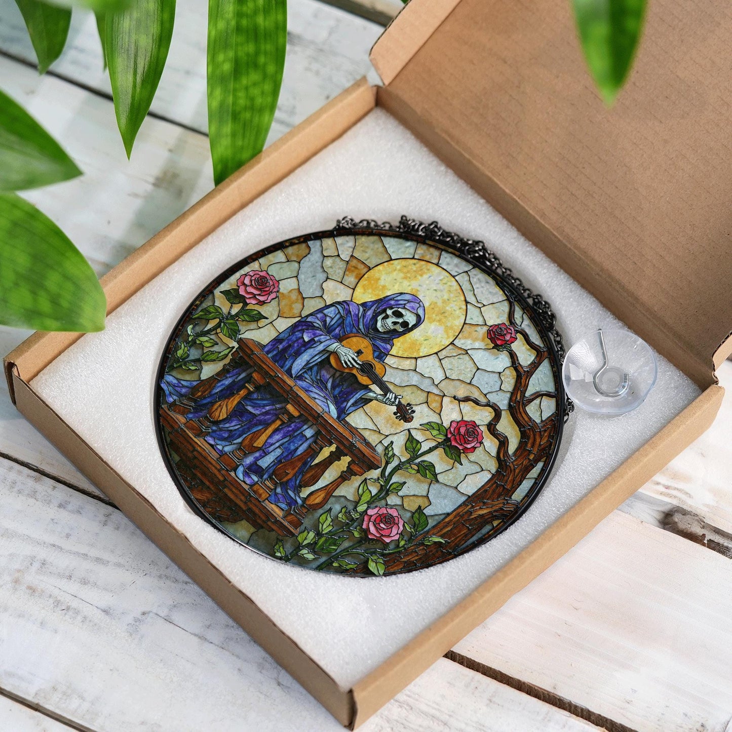 stained glass suncatcher skeleton playing guitar with roses gothic halloween gift