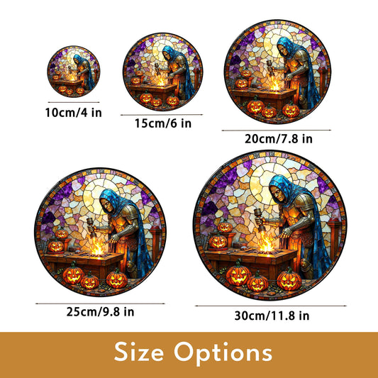 suncatcher stained glass knight forging sword with pumpkins halloween gift