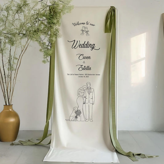 Personalized Wedding Welcome Sign | Custom Line Art Couple & Pet | Wedding Ceremony Sign | Wedding Favors | Welcome To Our Wedding Sign