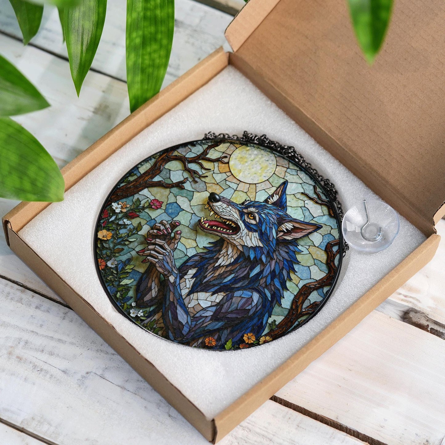 Suncatcher stained glass wolf in moonlit forest Halloween gift