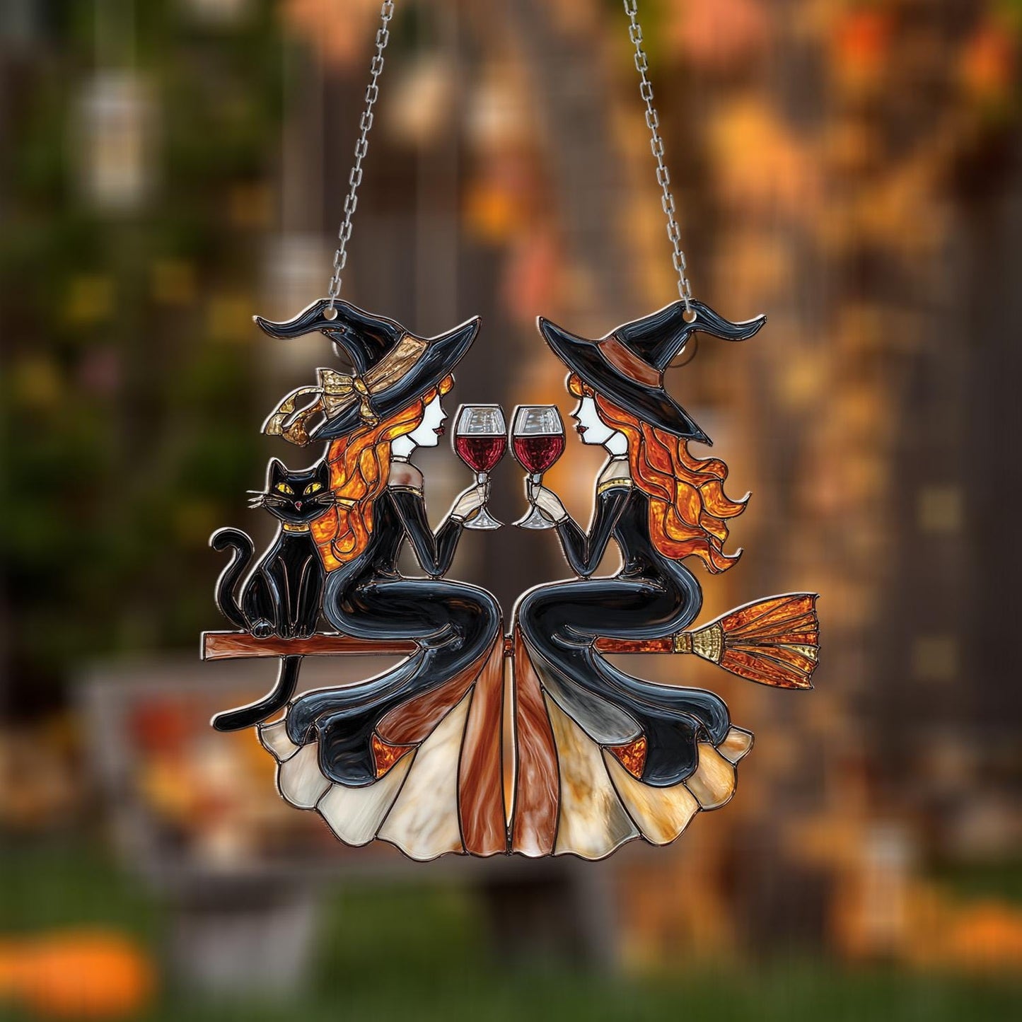 Fall Witches Window Hanging with Wine Glasses and Black Cat – Autumn Halloween Home Decor, Witchy Gift for Friends
