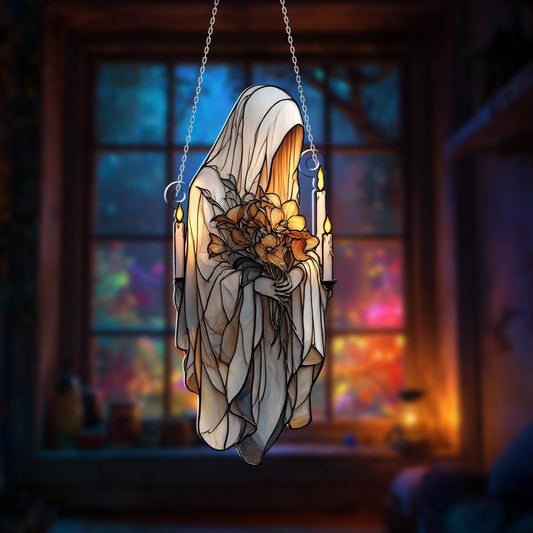 Gothic Hooded Figure Acrylic Window Hanging with Flowers – Spooky Dark Art Home Decor for Halloween, Witchy, Gothic Room