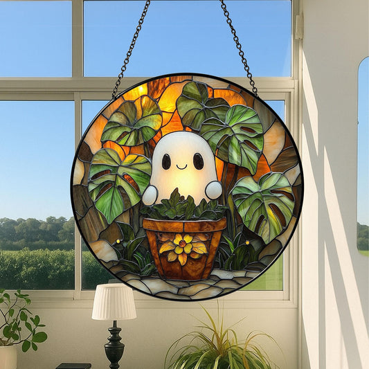 Cute Ghost Plant Suncatcher, Glass Suncatcher Decor, Pendant Wall Window Ornament, Halloween Ghost Glass Suncatcher, Plant Lovers Gift