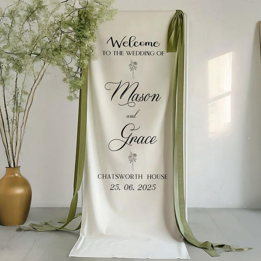 Personalized Wedding Welcome Sign Banner, Custom Wedding Ceremony Decoration, Elegant Fabric Hanging Banner, Reception Entrance Sign