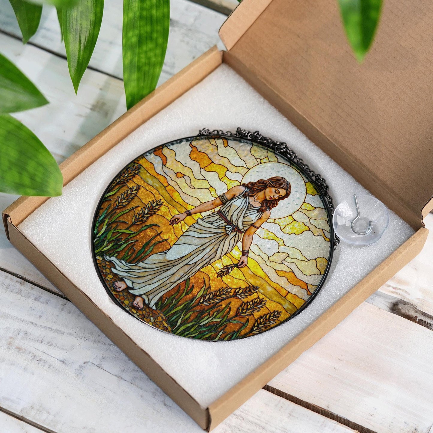 Goddess in wheat field stained glass suncatcher window hanging gift for mom birthday or harvest holiday