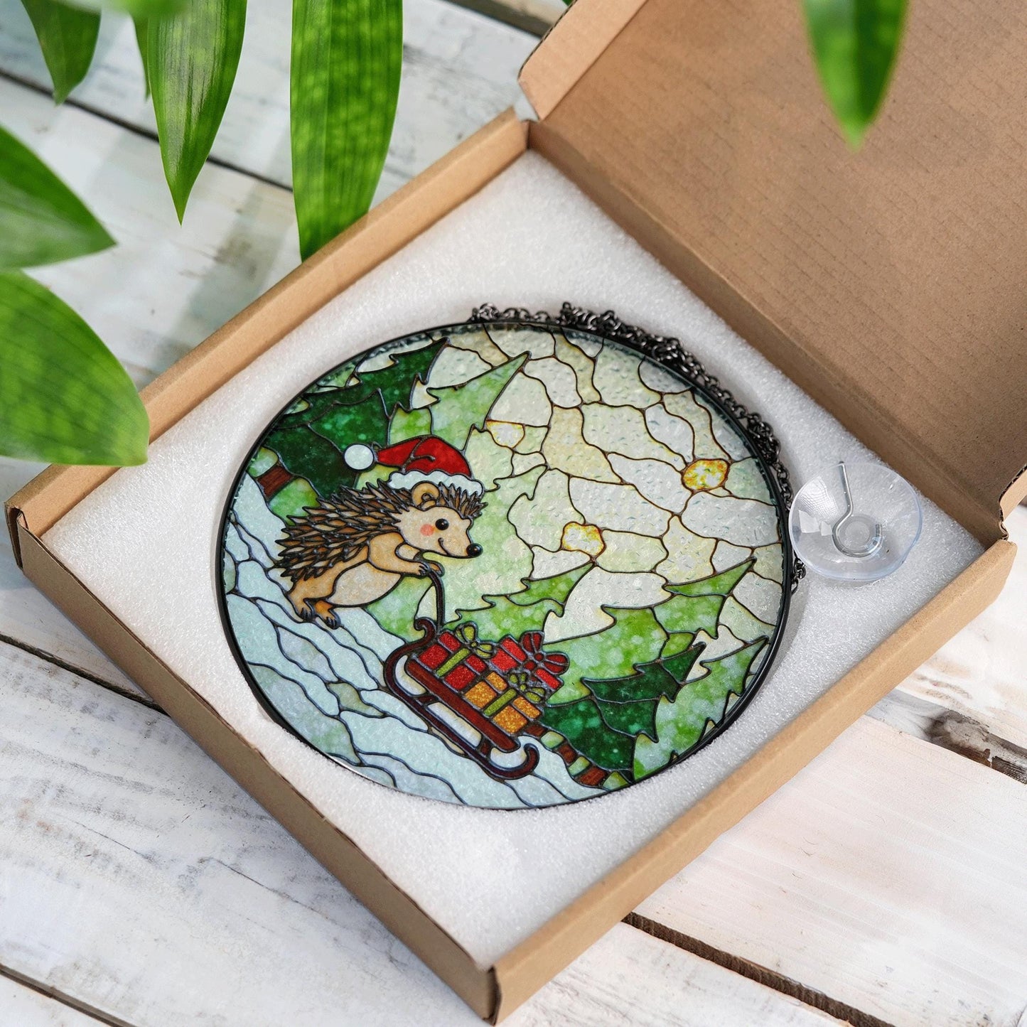 Cute Hedgehog Pulling Sleigh Stained Glass Suncatcher Christmas Window Decor Gift for Kids or Animal Lovers