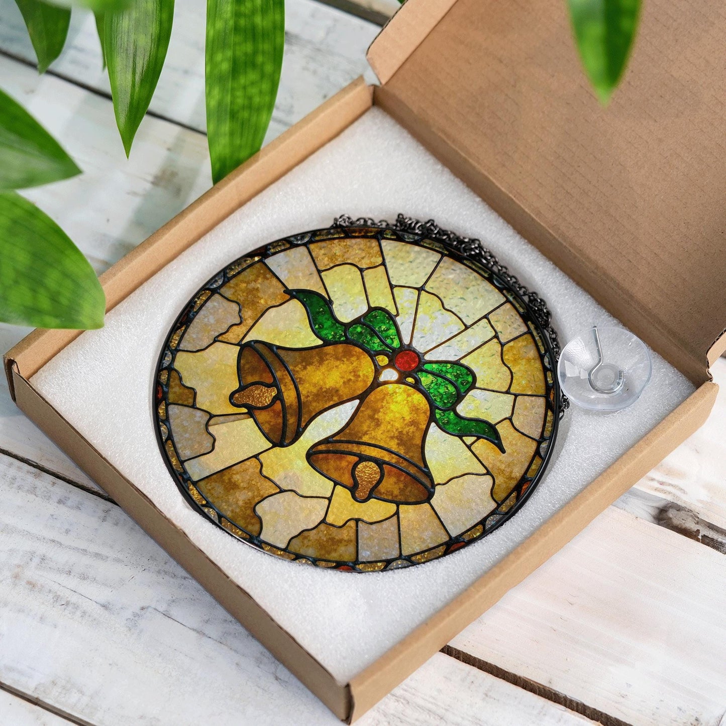 Golden bell stained glass suncatcher Christmas window decor gift