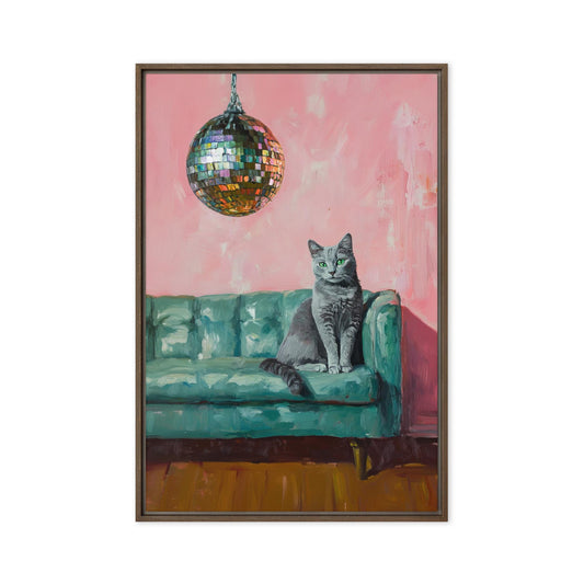 Russian Blue Cat with Disco Ball Fine Art Print | Cute Quirky Whimsical | Disco Ball Cat | Bar Cart Decor | Trendy Home Wall Art Gift