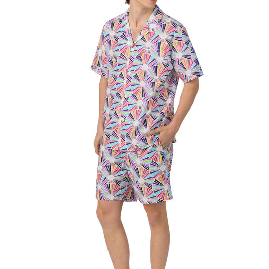 Men'S Short Sleeve Notch Woven Cotton Poplin Boxer Pj Set Pajamas Set