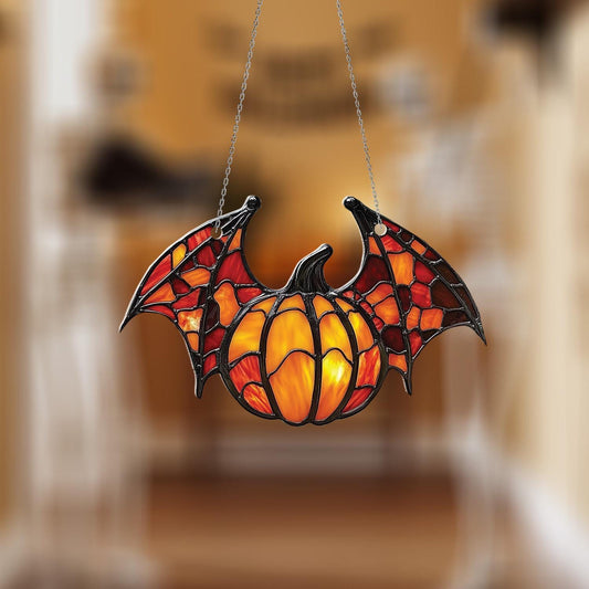 Halloween Bat Pumpkin Window Hanging, Spooky Autumn Decor, Gothic Wall or Window Ornament, Fall Home Decoration Gift Idea