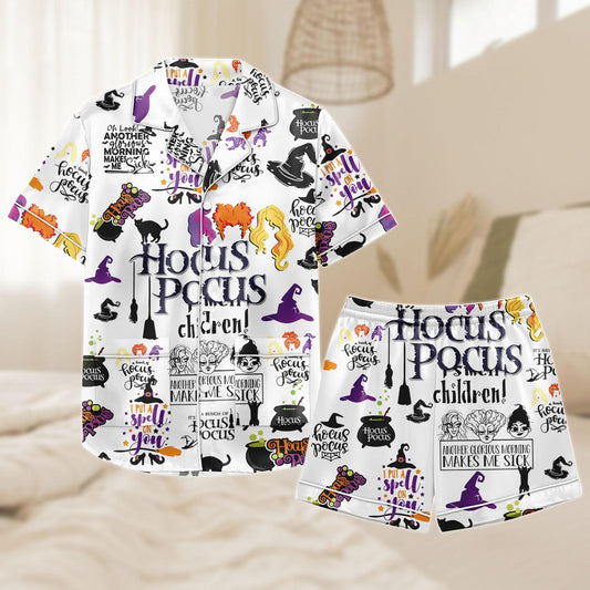 Hocus Pocus Short Satin Pajamas, Witchy Sleepwear Set for Women, Silky Halloween Lounge Outfit, Pajama Shorts, Gift for Hocus Pocus Fan Pajamas Set