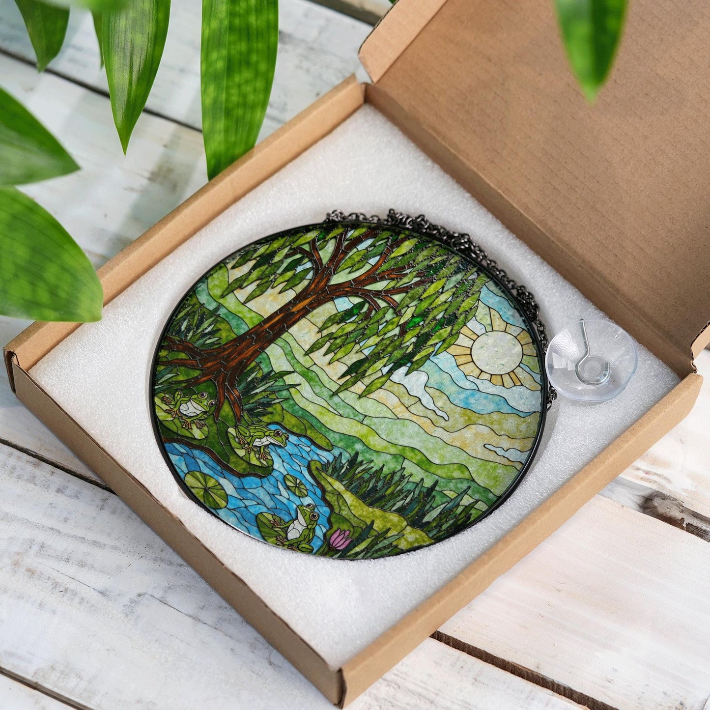 Suncatcher stained glass willow tree pond frogs nature scene gift for mom Mothers Day gift