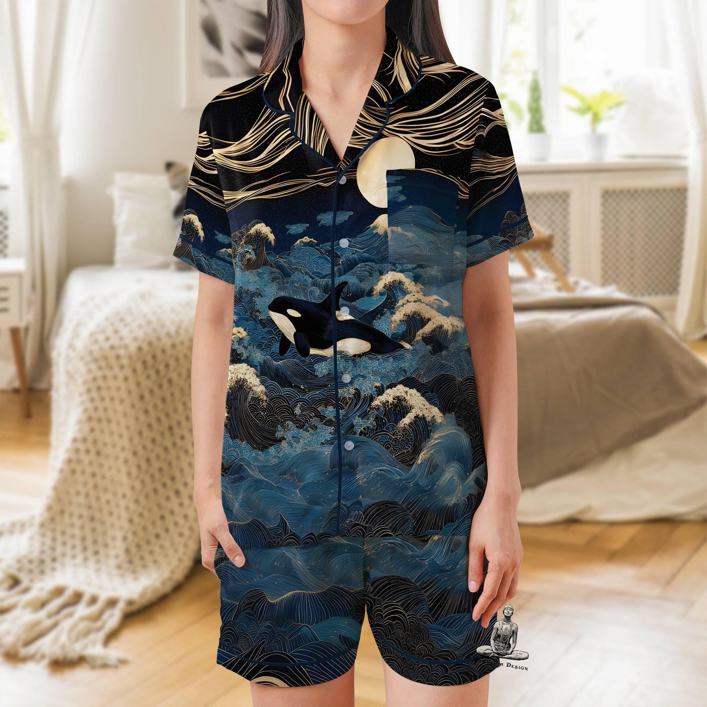 Orca Pajama Set Short Sleeves, Killer Whale Woman's Satin Pajama Short Sleeve Ocean Lover Gift