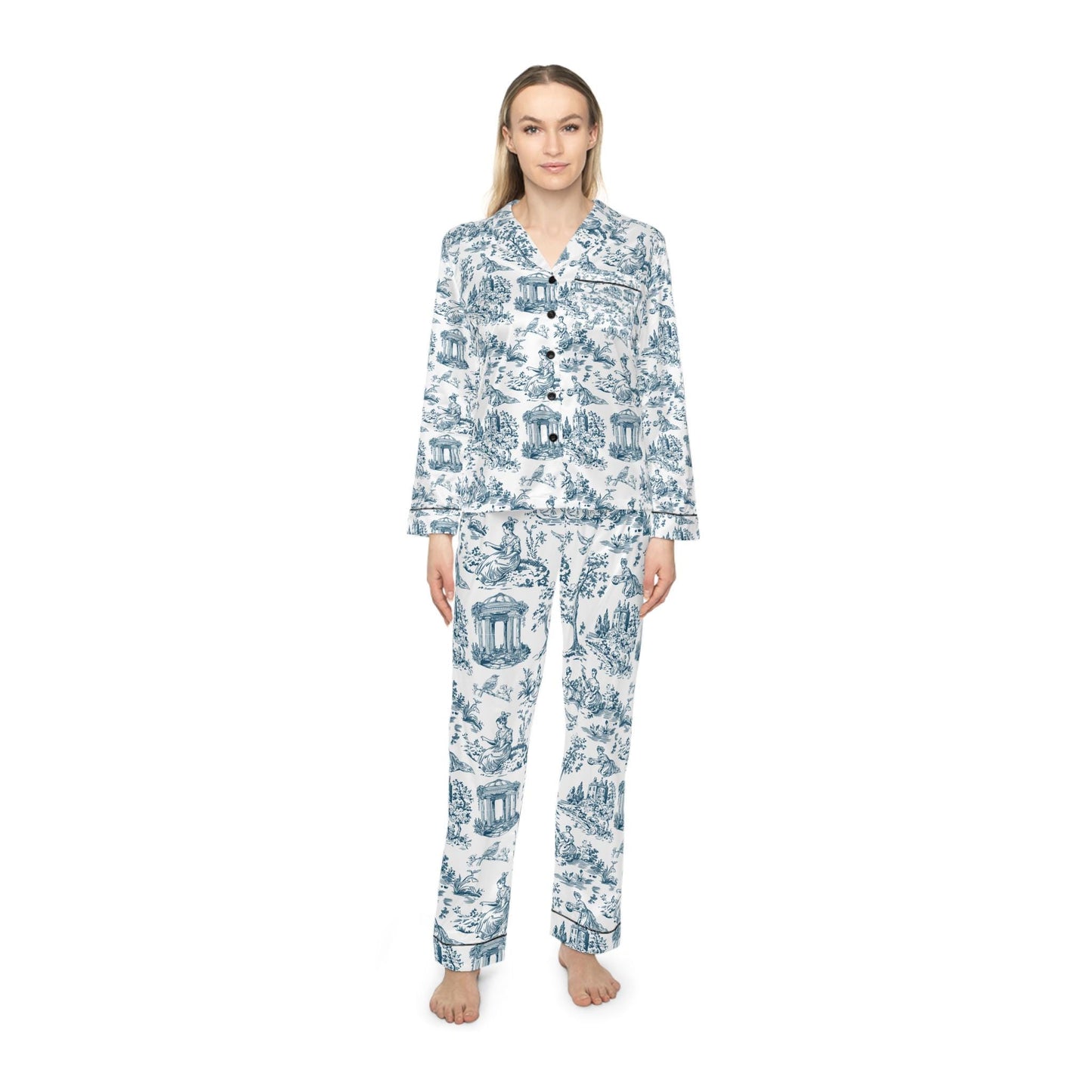 Toile de Jouy Bridal Pajama Set | Elegant Getting Ready Outfit | White & Blue Wedding PJs | Bride Satin Sleepwear | Matching Set