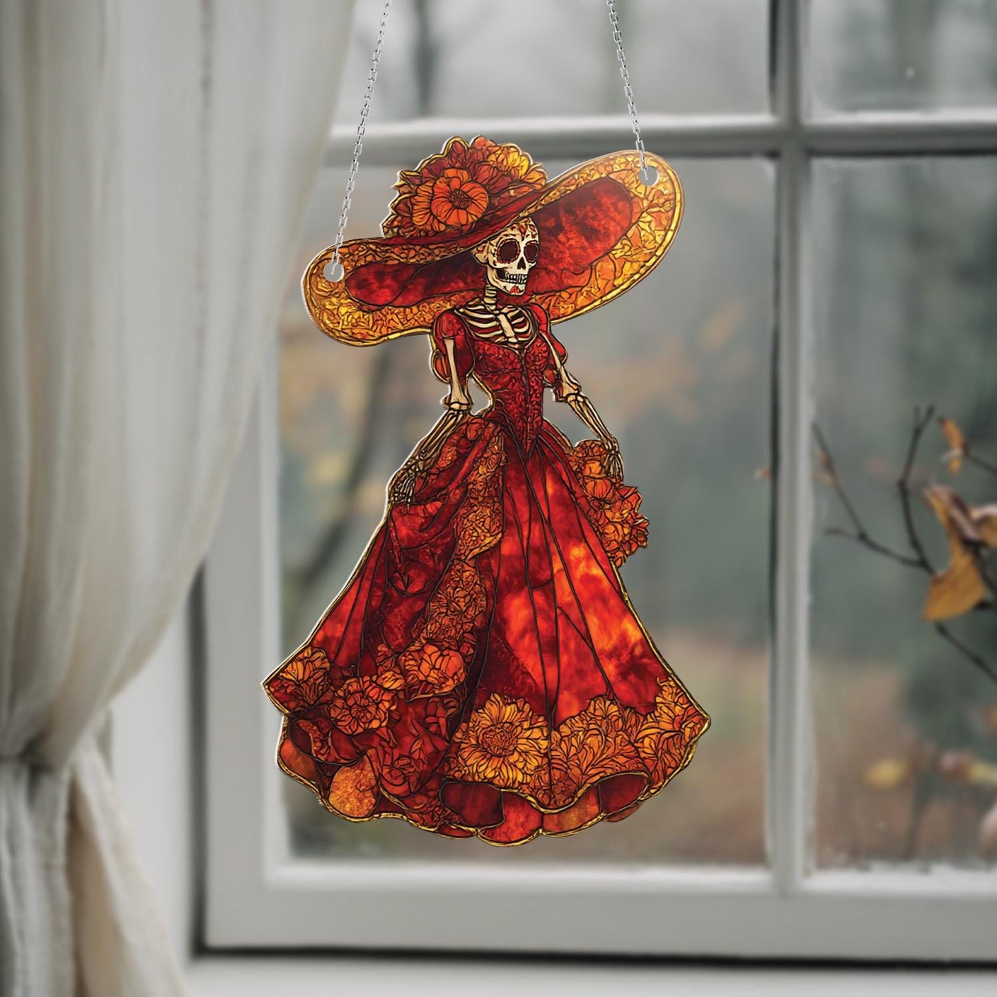 Elegant La Catrina Skeleton Window Hanging for Day of the Dead, Gothic Halloween, and Mexican Folk Art Home Decor