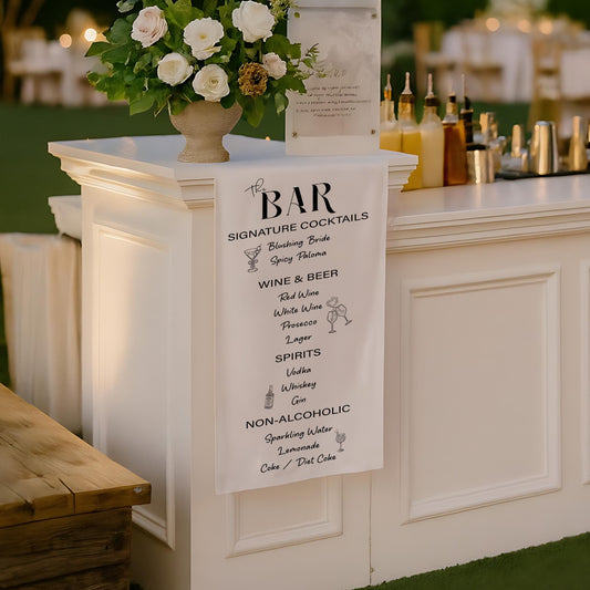 Wedding Bar Menu Runner – Personalized Signature Cocktails Banner, Modern Reception Bar Sign, Custom Drinks List, Fabric Table Banner