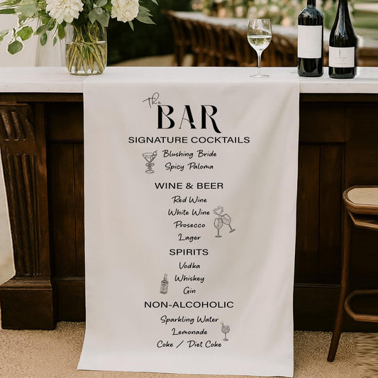 Personalized Signature Cocktails Banner | Wedding Bar Menu Runner | Modern Minimalist Reception Bar Sign | Custom Drinks List Table Decor
