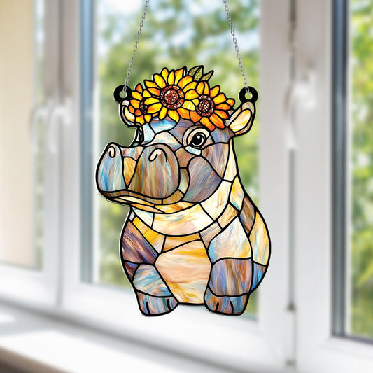 Hippo Window Hanging with Sunflower Crown – Cute Faux Glass Suncatcher Decor, Whimsical Animal Lover Gift, Playful Nature-Inspired Art