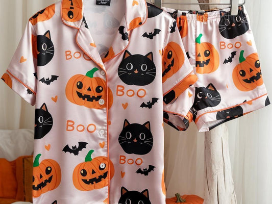Black Cats and Pumpkins Satin Pajamas Set, Bat Halloween Pajamas, Pumpkin Pajamas, Black Cat Pajamas, Halloween Pajamas, Spooky Season Pjs