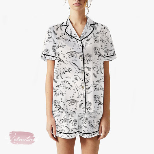 Vintage Dinosaur Pajama Set – Black & White Prehistoric Print Sleepwear for Adults, Cute Retro Dino Loungewear Gift