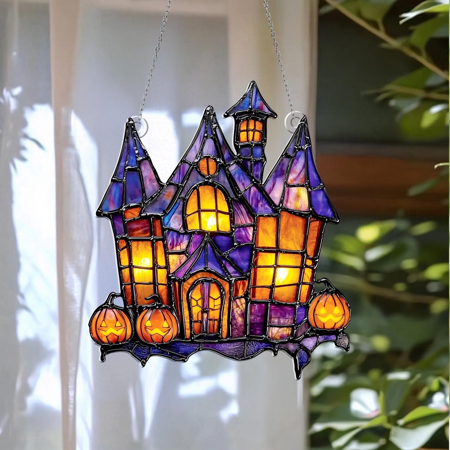 Halloween Haunted House Acrylic Window Hanging with Pumpkins – Spooky Sun Catcher for Gothic, Horror, and Festive Holiday Home Décor