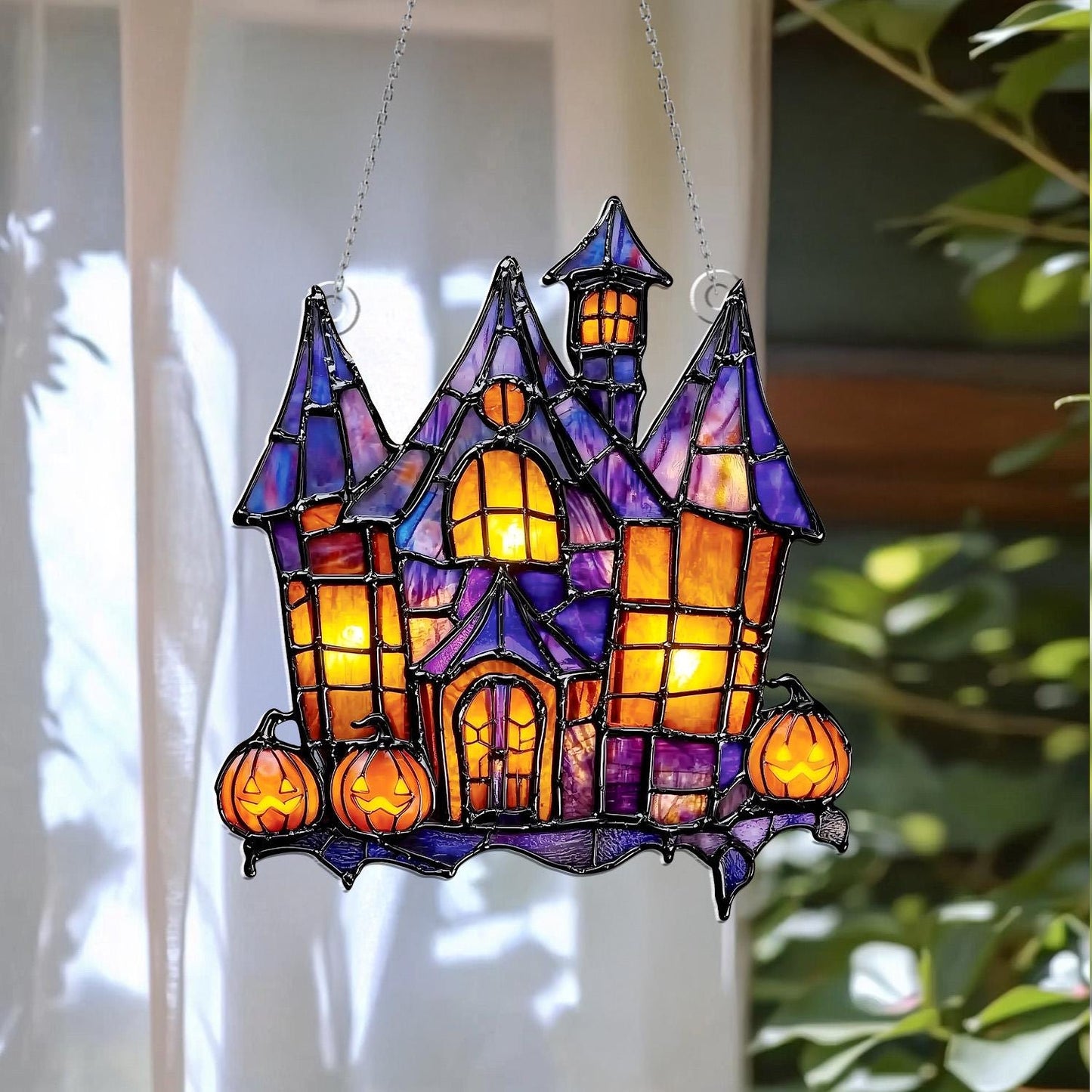 Halloween Haunted House Acrylic Window Hanging with Pumpkins – Spooky Sun Catcher for Gothic, Horror, and Festive Holiday Home Décor