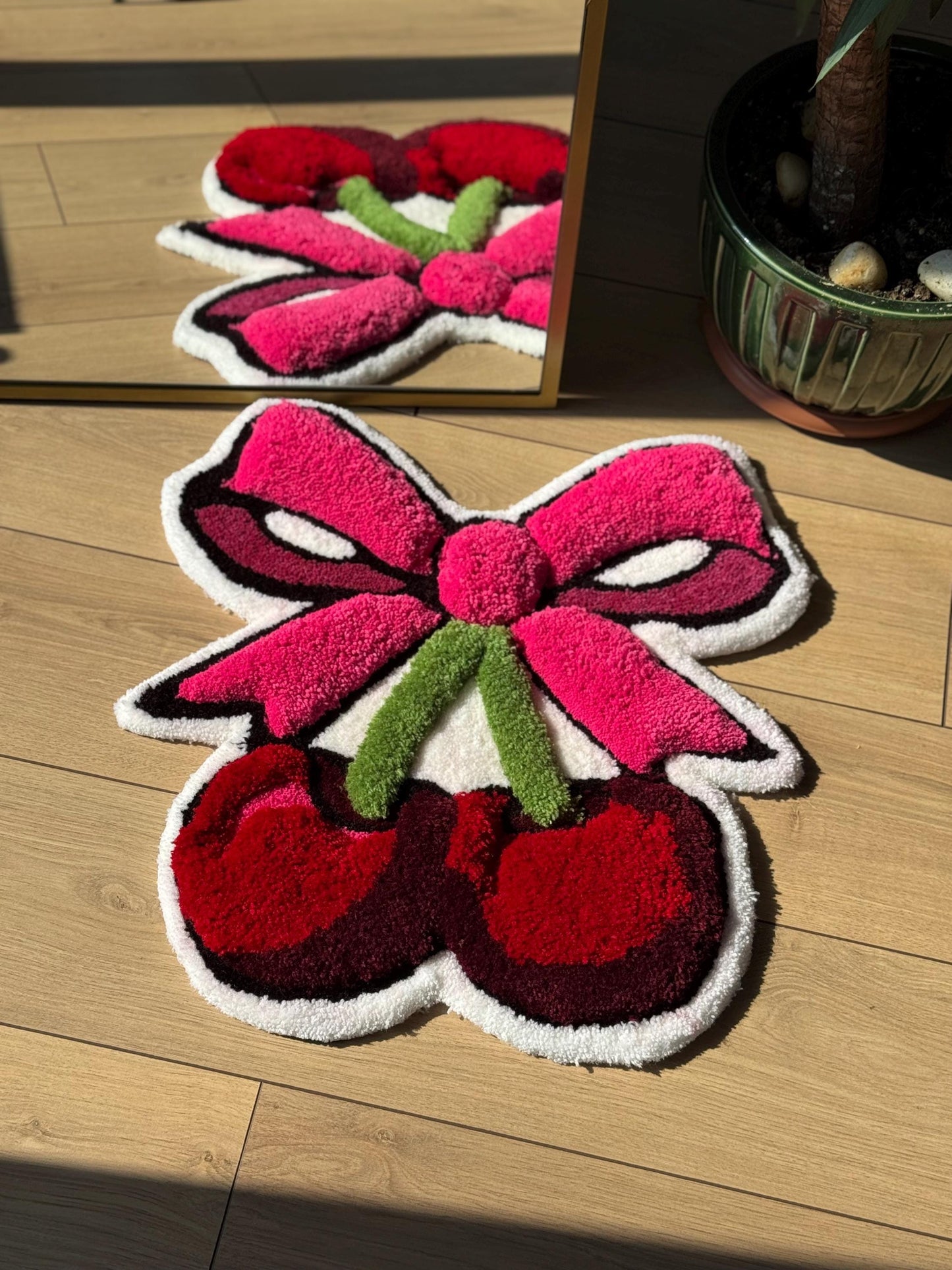 Handmade Cherry Bow Tufted Rug Red Cherries with Pink Ribbon Carpet Kawaii Aesthetic Cute Room Soft Floor Mat 60x60cm Gift Idea