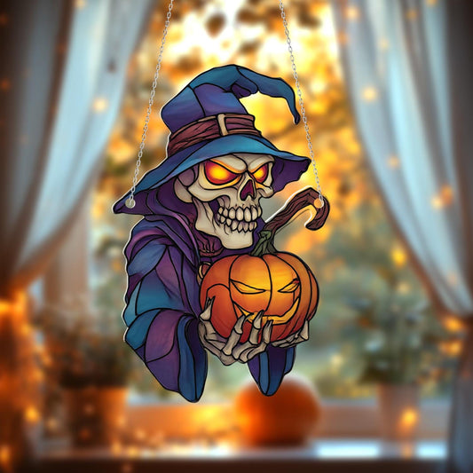 Halloween Skeleton Wizard Window Hanging with Glowing Pumpkin for Spooky Gothic Home Decor and Haunted House Accent