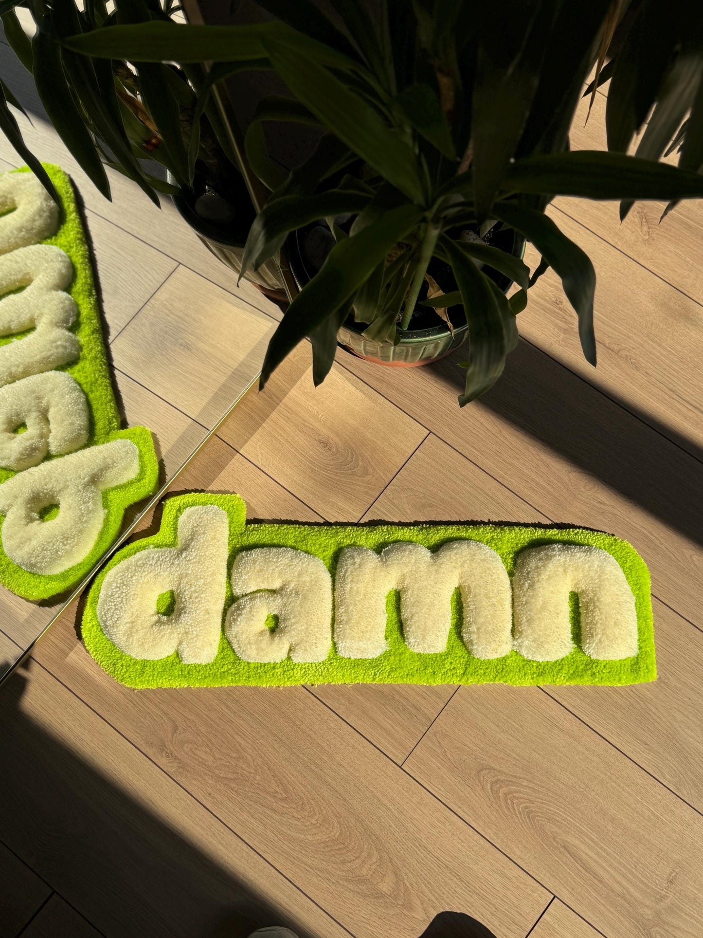 Handmade Damn Tufted Rug Green Beige Text Carpet Funky Modern Aesthetic Soft Floor Mat Cool Room Dorm Decor 80x30cm Gift Idea
