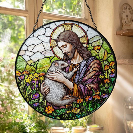 Jesus Stained Glass Suncatcher, Sacred Window Panel with Flowers and Possum Design, Christian Religious Home Decor and Spiritual Gift