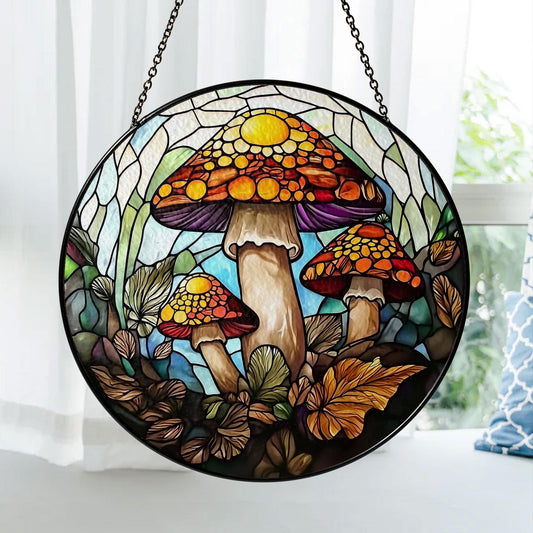 Mushroom Stained Glass Suncatcher, Colorful Window Hanging with Forest Fungi and Leaves, Boho Woodland Decor for Home and Nature Lovers Gift