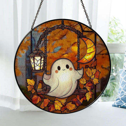 Ghost Stained Glass Suncatcher, Cute Halloween Window Hanging with Moon, Lantern and Autumn Leaves, Spooky Fall Home Decor Gift Idea
