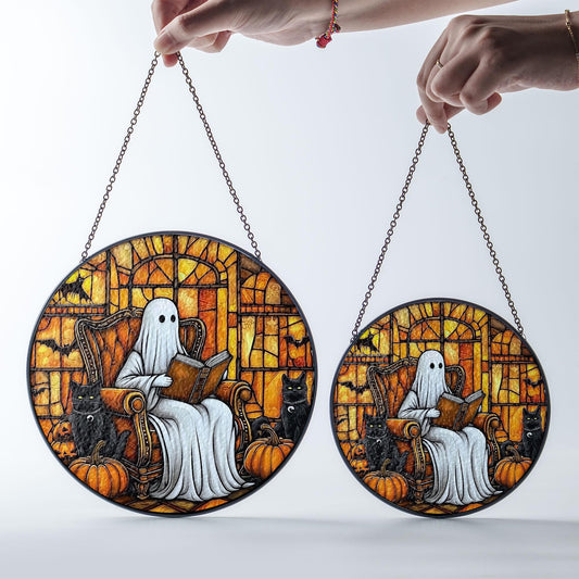 Ghost Stained Glass Suncatcher, Halloween Window Hanging with Black Cats, Pumpkins and Bats, Spooky Gothic Fall Home Decor Gift