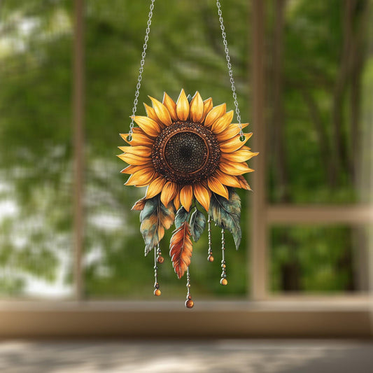 CoSunflower Window Hanging – Cheerful Floral Home Decor with Beads and Leaves, Perfect for Nature Lovers, Kitchen Windows, or Rustic Gifts