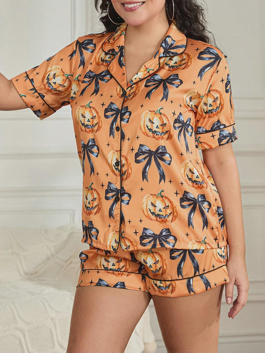 Women Halloween Pajamas Set Cute Pumpkin Ghost Print Color Orange Pajamas Set