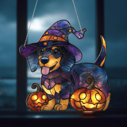 Halloween Dog Window Hanging, Witch Dog Decor, Pumpkin Halloween Decoration, Spooky Pet Decor, Halloween Home Decor, Fall Window Hanging