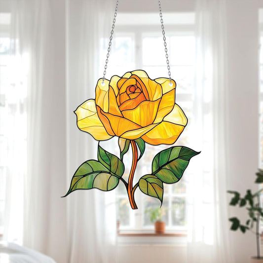 Yellow Rose Window Hanging, Floral Window Art, Stained Window Decoration, Home Decor, Vibrant Flower Art, Unique Window Decoration