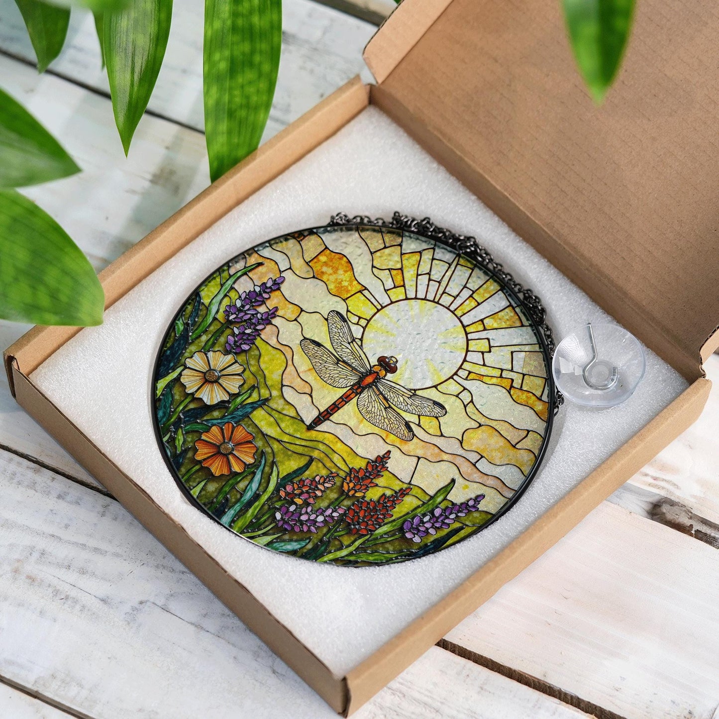 Dragonfly Sun Floral Field Stained Glass Suncatcher Gift for Nature Lovers or Mothers Day Decor