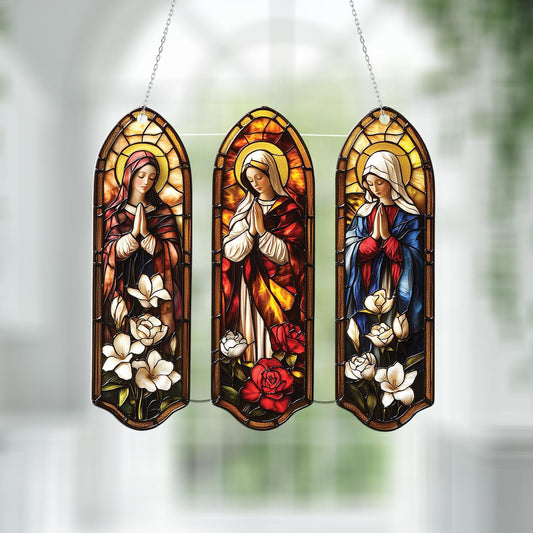 Virgin Mary Triptych Window Hanging, Faux Stained Glass Catholic Decor, Prayer Panel Wall Art, Religious Gift for Home or Church