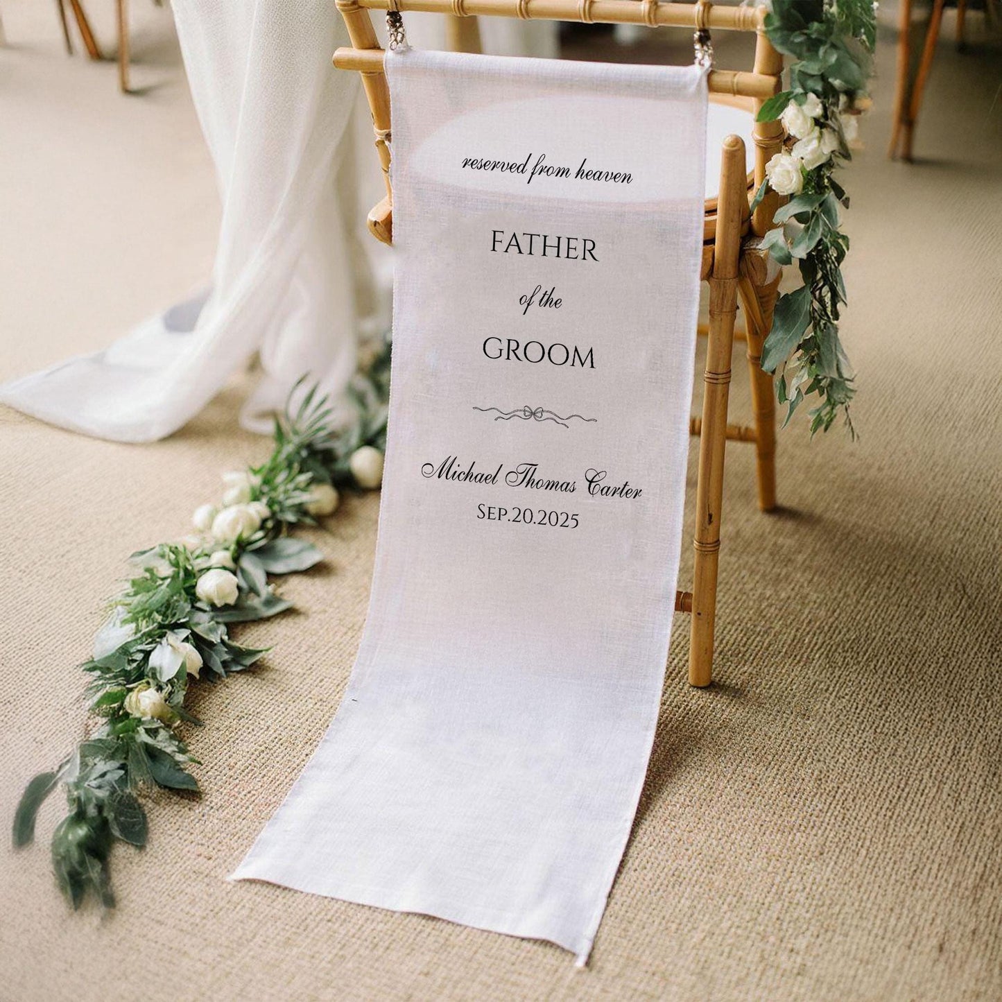 In Loving Memory Chair Sign, Wedding Memorial Banner, Reserved Seat for Father of Groom in Heaven, Personalized with Name & Date