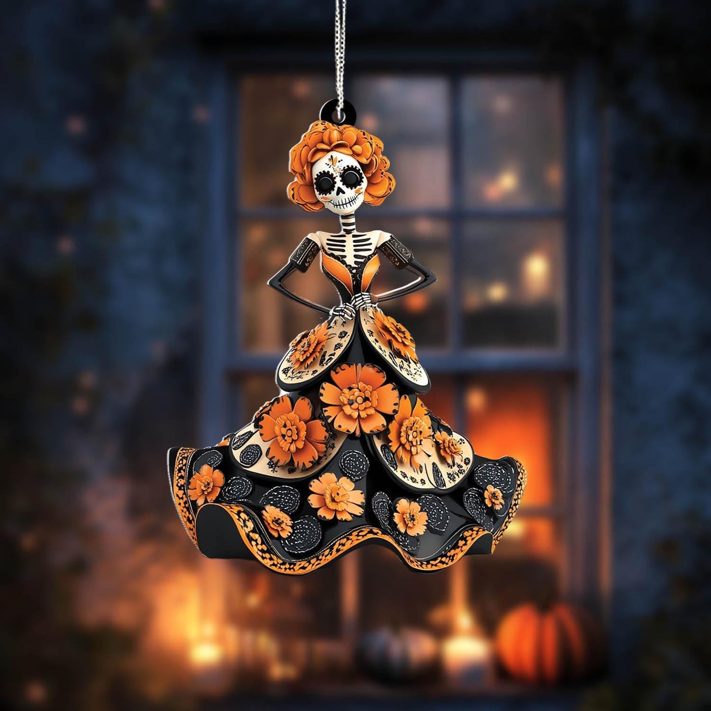 Day of the Dead Skeleton with Flowers Window Hanging, Halloween Decor, Handcrafted Acrylic Ornament, Perfect for Gothic Home Decoration