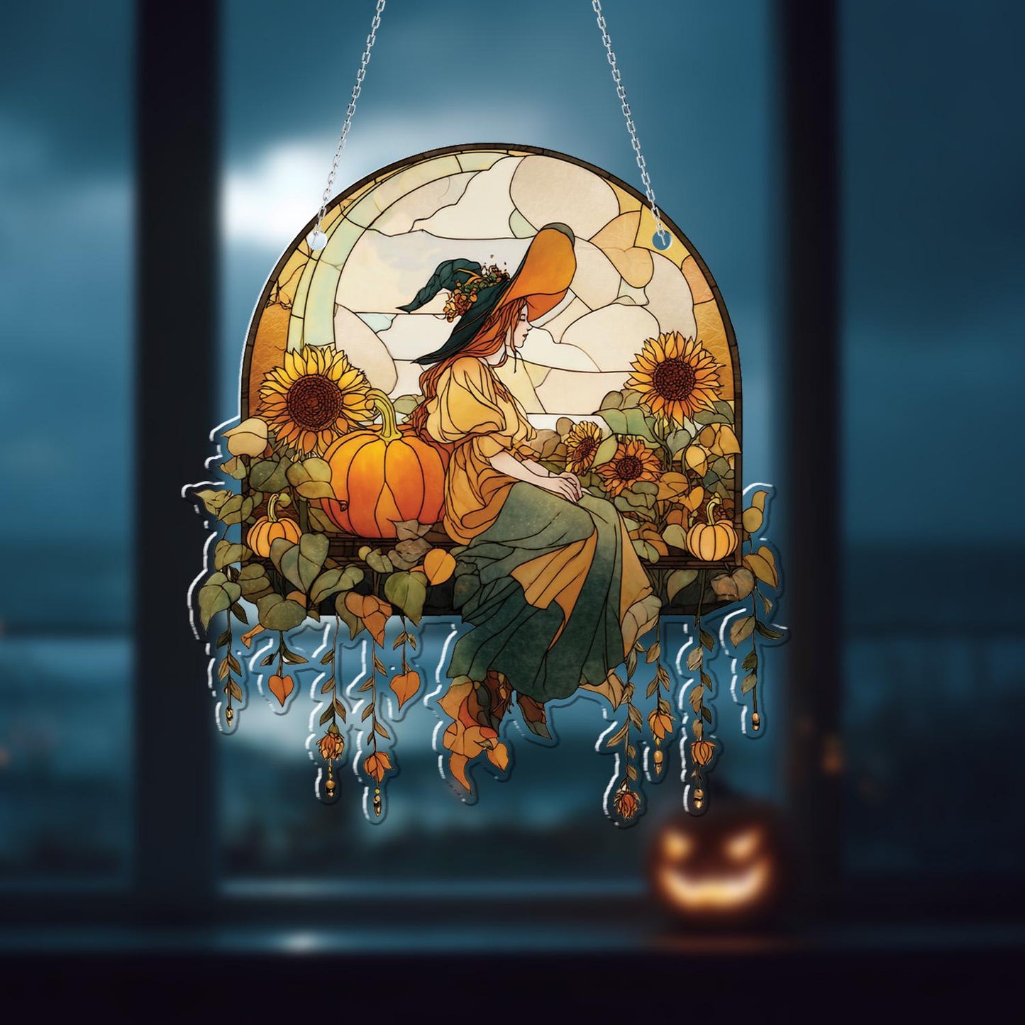 Witch with Sunflowers and Pumpkins Window Hanging, Fall Autumn Decor, Handcrafted Acrylic Ornament, Perfect Halloween Decoration for Home