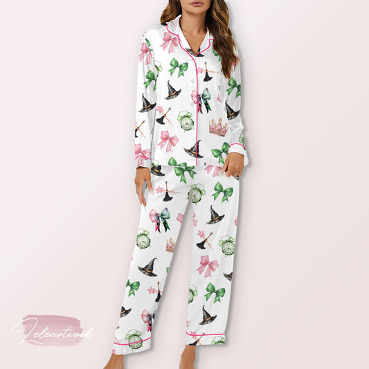 Coquette Wicked Pajama – Soft Girl Witchy Sleep Set with Bows, Hats & Crowns, Pastel Cottagecore Loungewear for Cozy Nights